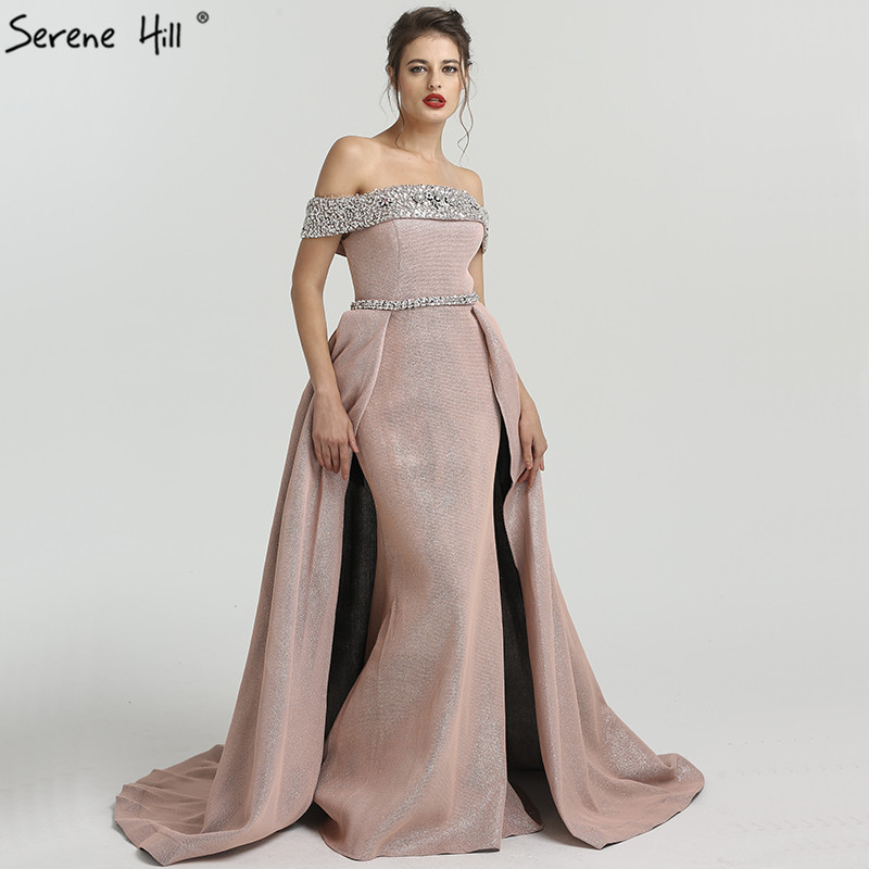 2018 DuBai Boat Neck Beading Luxury Evening Dresses Bling Designer Off ...