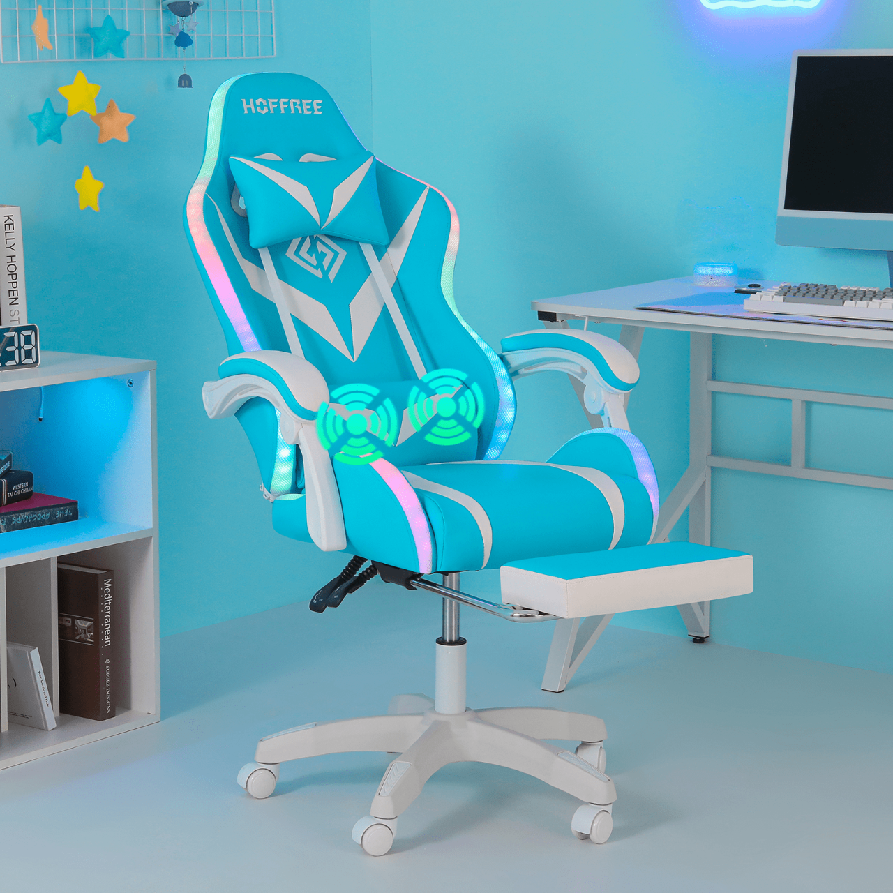 HOFFREE Gaming Chair Massage with Bluetooth Speakers and Led Lights Ergonomic Computer Gaming Chair with Footrest RGB Video Game Chair with High Back Lumbar Support Blue and Black