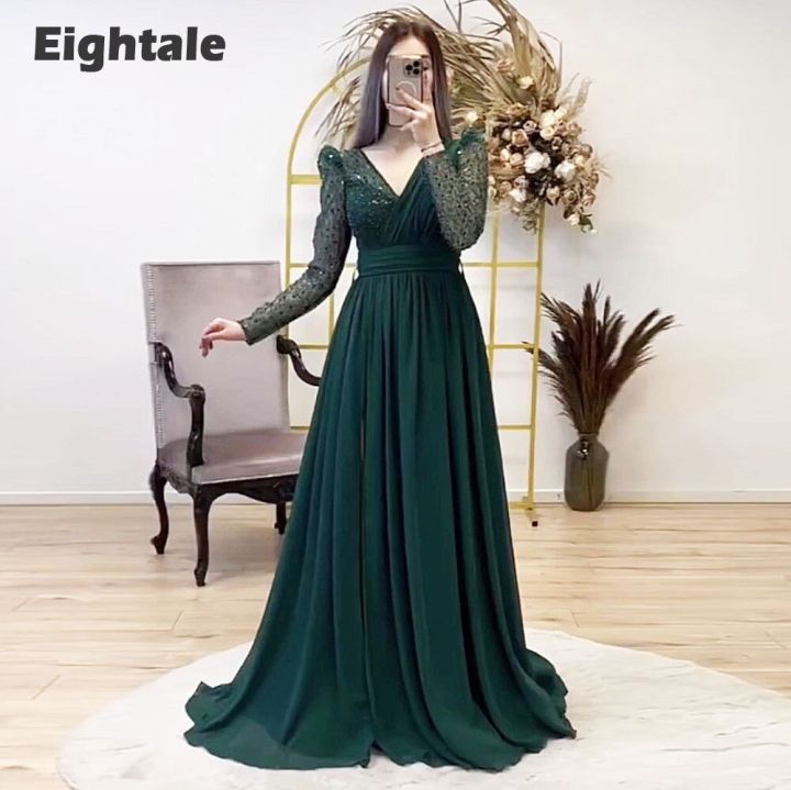 Ready Stock-Eightale New Evening Dresses V-Neck Chiffon Long Sleeves ...