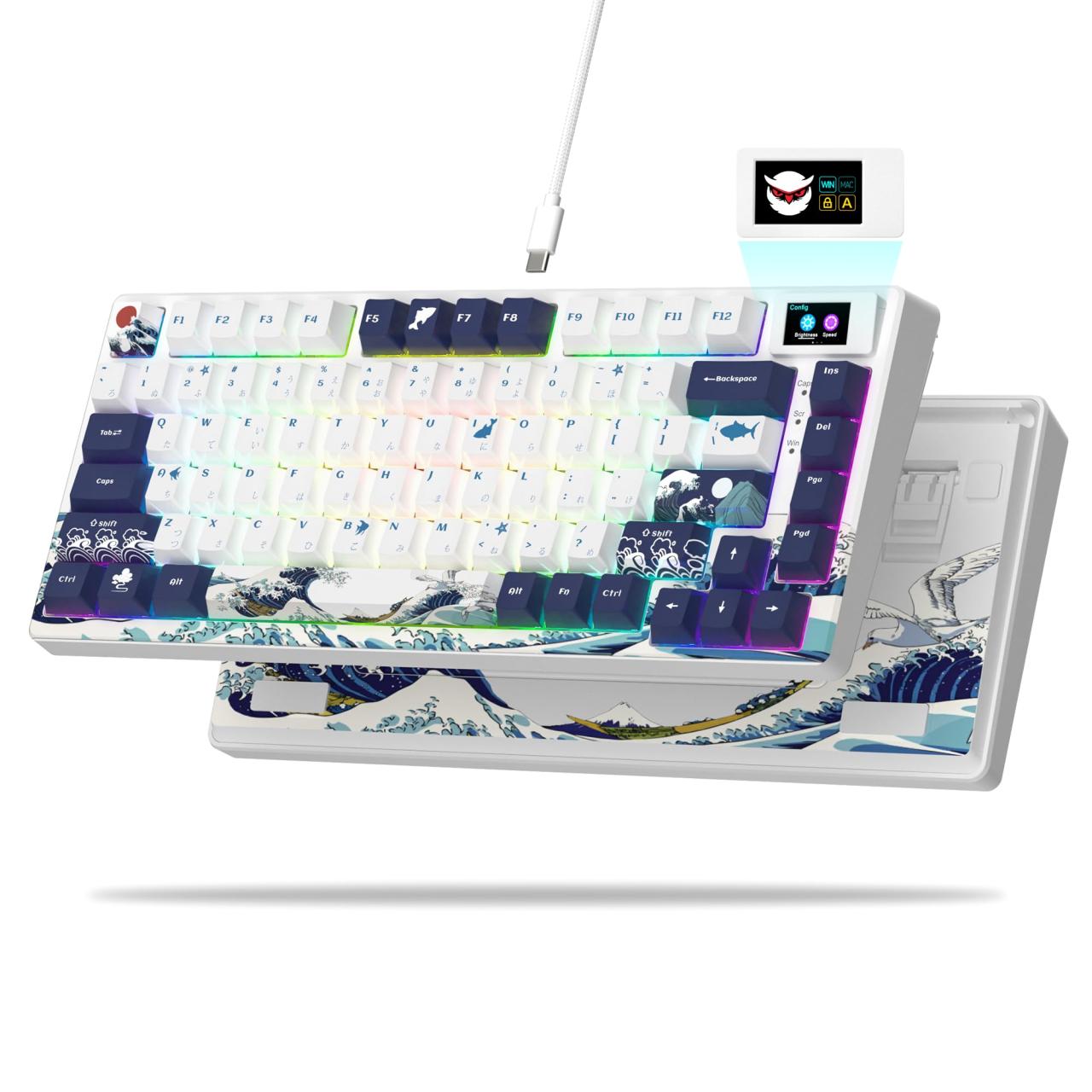 Womier S-K80 75% Keyboard with Color Multimedia Display Mechanical Gaming Keyboard, Wired Hot Swappable Gasket Mount RGB Custom Key Board, Pre-lubed Stabilizer for Mac/Win, Black Kanagawa