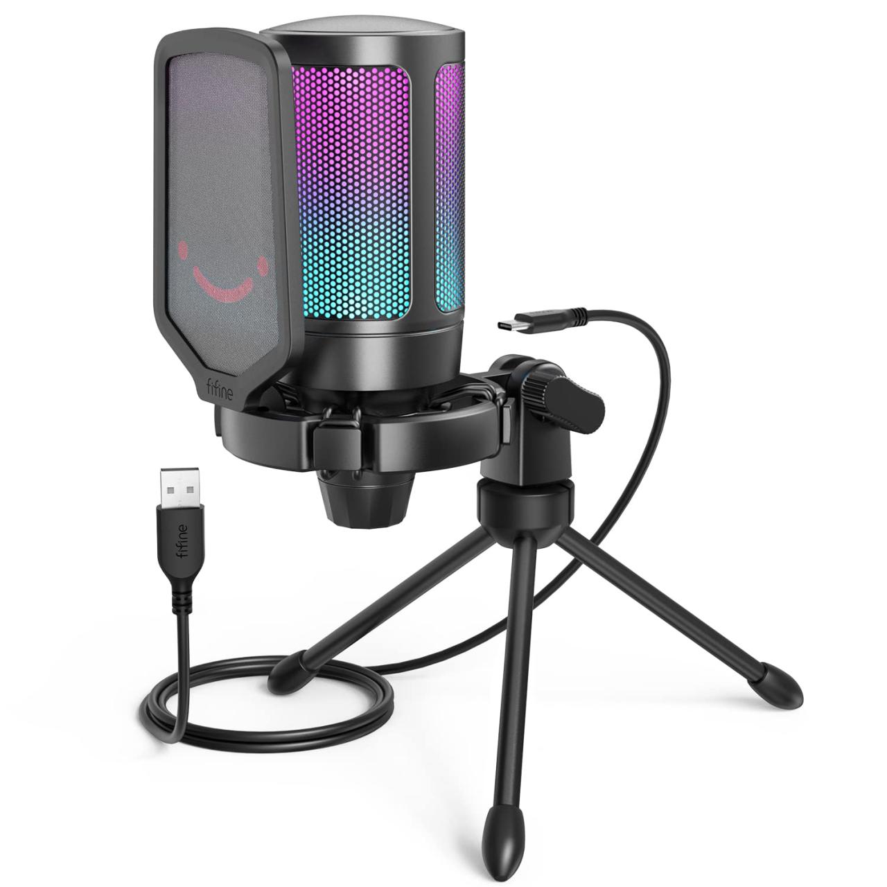 Gaming Microphone, USB PC Mic for Podcasts Videos, Streaming, Condenser Mic with Quick Mute, Tripod Stand, Pop Filter, RGB Indicator, Shock Mount, Rotate gain button, Compatible with PS4/5/PC