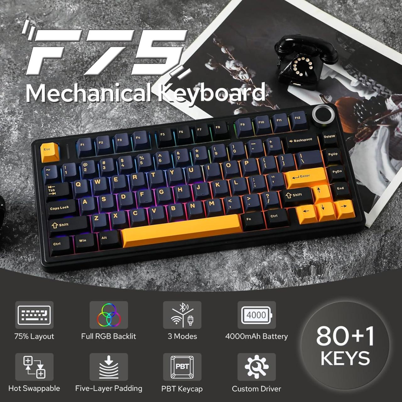 AULA F75 Pro Wireless Mechanical Keyboard,75% Hot Swappable Custom Keyboard with Knob,RGB Backlit,Pre-lubed Reaper Switches,Side Printed PBT Keycaps,2.4GHz/USB-C/BT5.0 Mechanical Gaming Keyboards