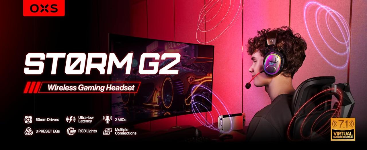 OXS Storm G2 Wireless Gaming Headsets, 7.1 Virtual Surround Sound, 3 EQ Modes, 2.4G Low Latency, 50mm Driver, 40H Playtime, RGB Light, Bluetooth 5.3, Compatible with PC, Console, Mobile, White