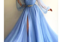 Baby Blue Long Sleeve Evening Dress Exquisite Pearls Lace Tulle High ...