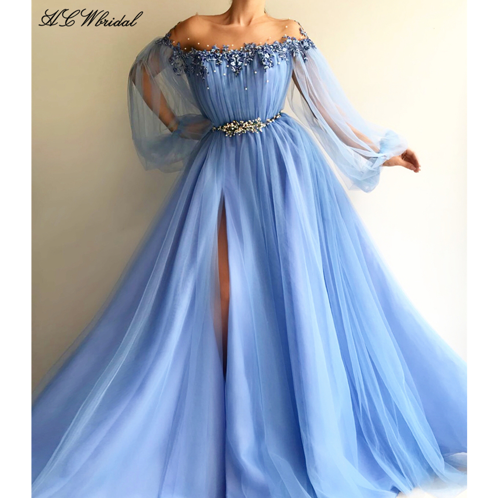 Baby Blue Long Sleeve Evening Dress Exquisite Pearls Lace Tulle High ... Baby Blue Long Sleeve Evening Dress Exquisite Pearls Lace Tulle High ...