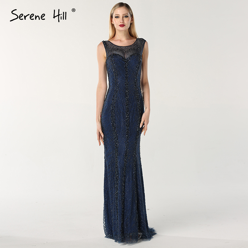 Blue Sleeveless Luxury Dubai Design Evening Dresses Beading Crystal ...
