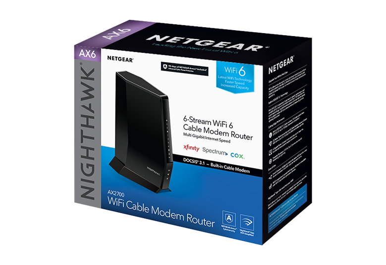 NETGEAR Nighthawk Modem Router Combo (CAX30) DOCSIS 3.1 Cable Modem and WiFi 6 Router - AX2700 2.7 Gbps - Compatible with Xfinity, Spectrum, Cox, and More - Gigabit Wireless Internet