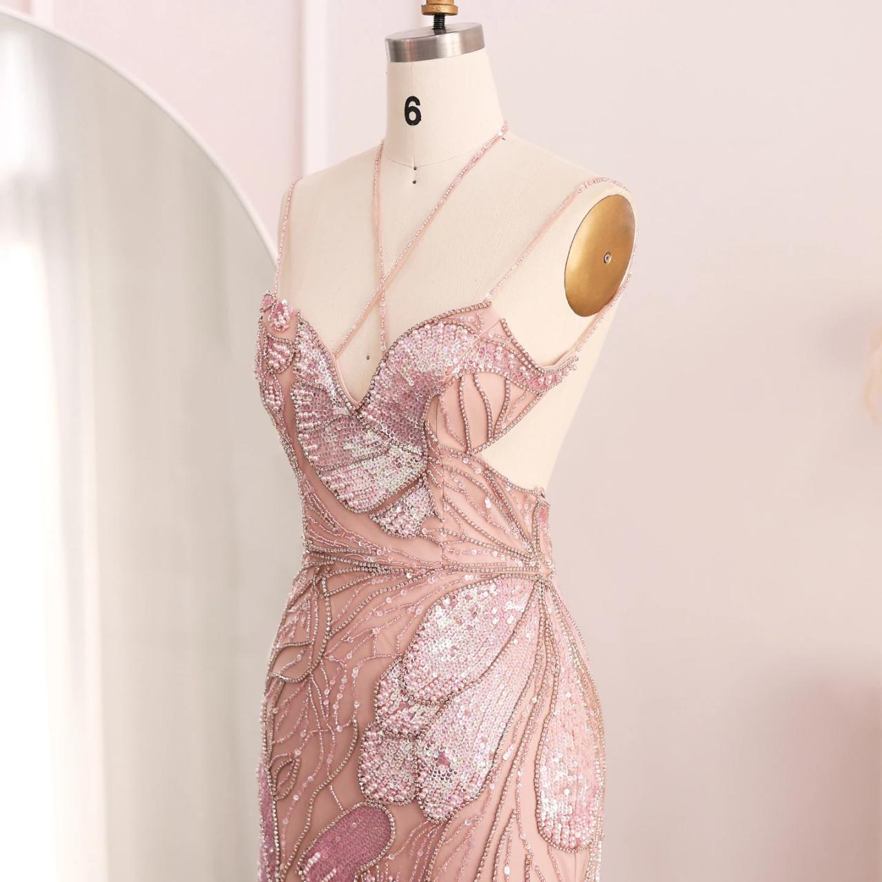 Luxury Mermaid Pink Evening Dresses With Feathers Scarf Spaghetti ...