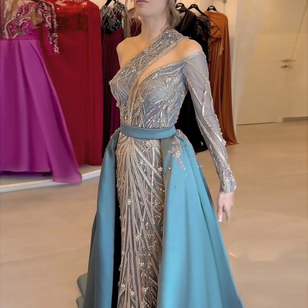 Arabic Luxury Beaded One Shoulder Turquoise Evening Dresses with ... Arabic Luxury Beaded One Shoulder Turquoise Evening Dresses with ...