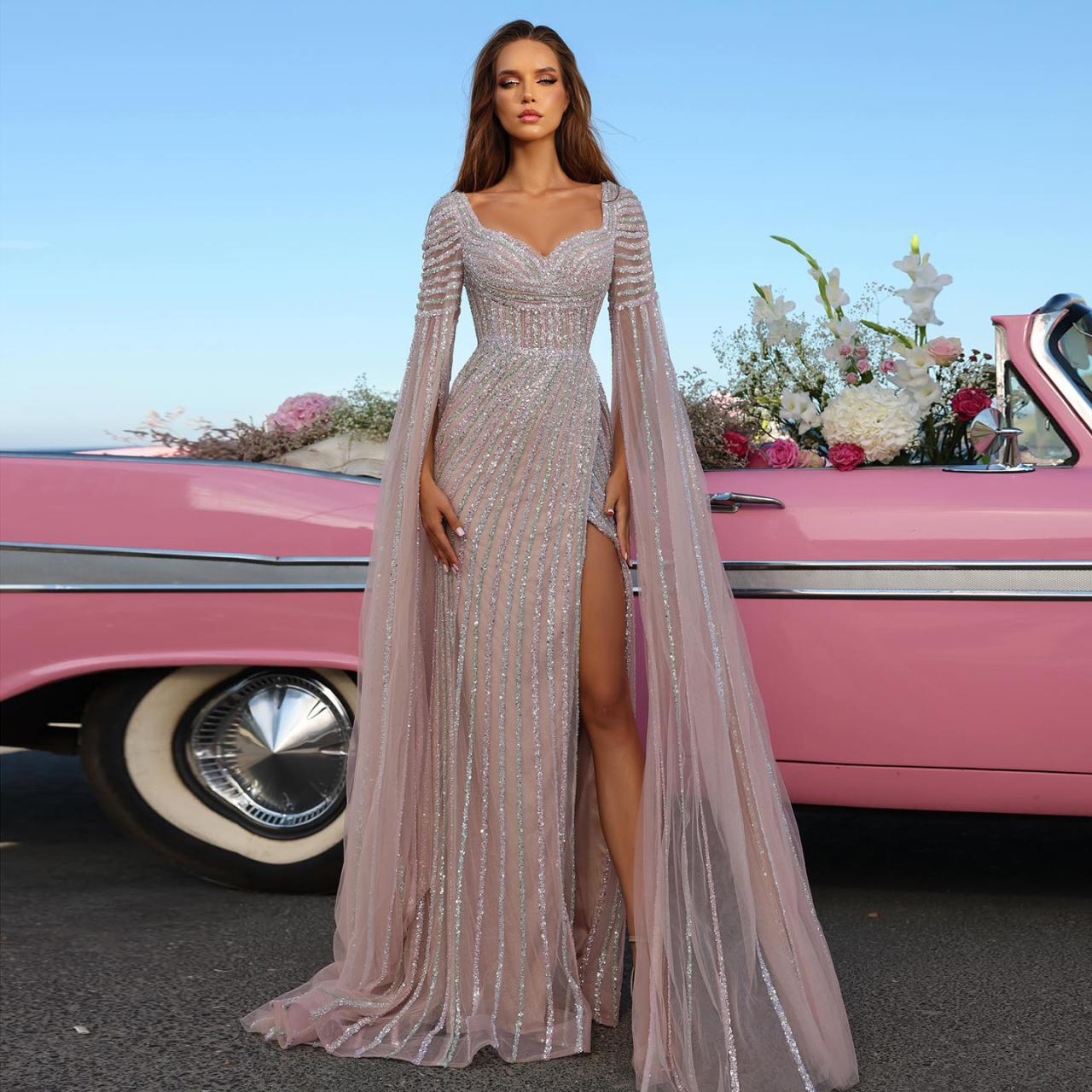 Dubai Luxury Beads Pink Mermaid Evening Dress with Cape Sleeve Side ... Dubai Luxury Beads Pink Mermaid Evening Dress with Cape Sleeve Side ...