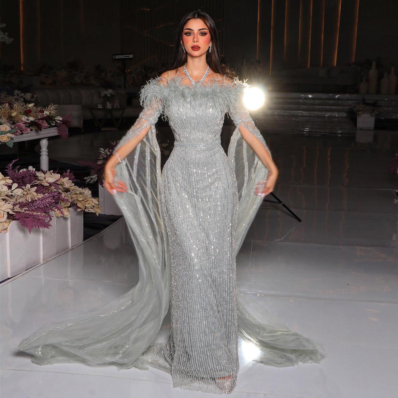 Luxury Dubai Feathers Mermaid Sage Green Evening Dresses with Cape ... Luxury Dubai Feathers Mermaid Sage Green Evening Dresses with Cape ...