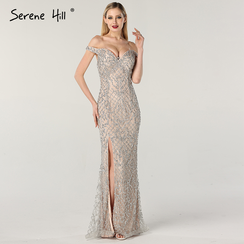 Silver Off Shoulder Luxury Mermaid Evening Dresses 2019 Diamond Beading ...