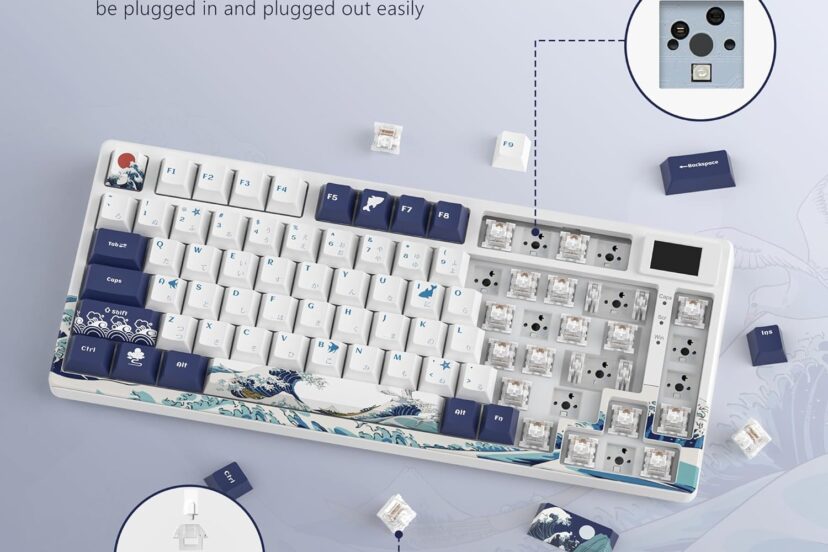 Womier S-K80 75% Keyboard with Color Multimedia Display Mechanical Gaming Keyboard, Wired Hot Swappable Gasket Mount RGB Custom Key Board, Pre-lubed Stabilizer for Mac/Win, Black Kanagawa