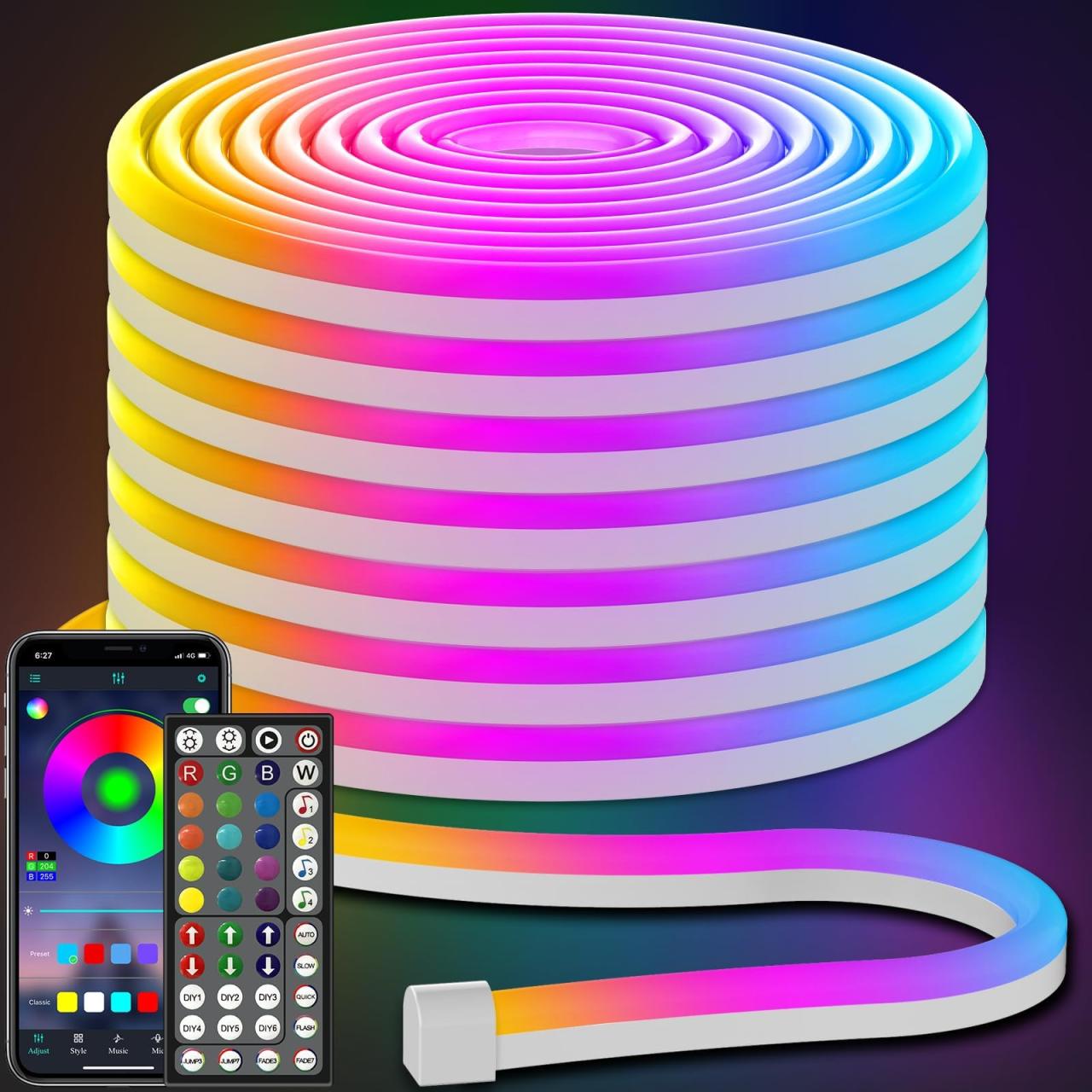 SINLEY Led Neon Rope Lights 15FT,Control with App/Remote,Flexible Led Rope Lights,Multiple Modes,IP68 Outdoor RGB Neon Lights Waterproof,Music Sync Gaming Led Strip Lights for Bedroom Indoor