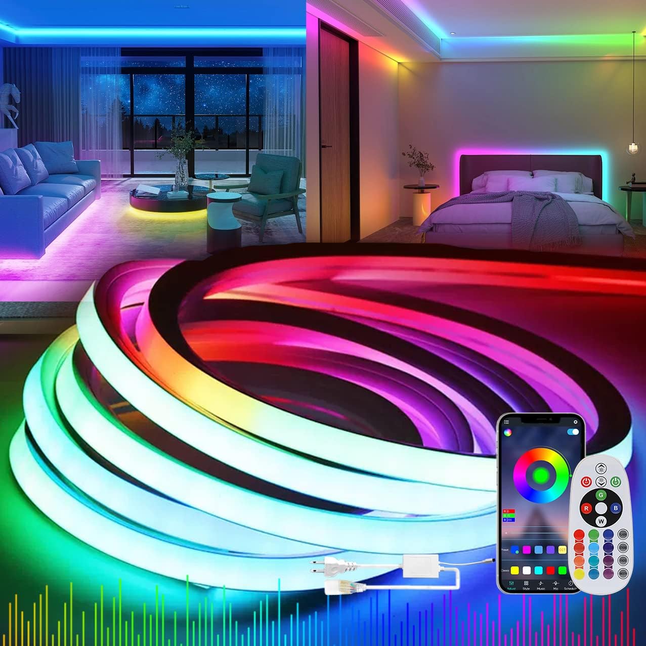 SINLEY Led Neon Rope Lights 15FT,Control with App/Remote,Flexible Led Rope Lights,Multiple Modes,IP68 Outdoor RGB Neon Lights Waterproof,Music Sync Gaming Led Strip Lights for Bedroom Indoor